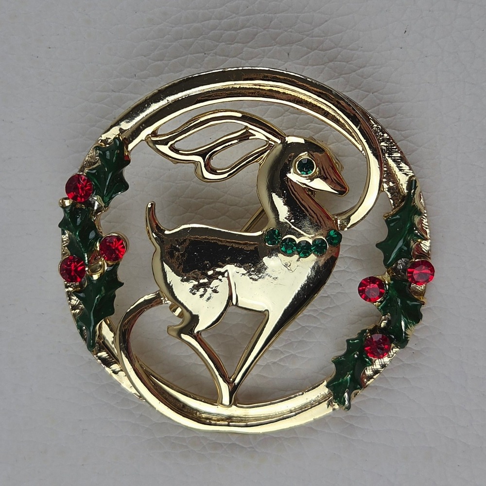 Vintage Estate Signed Beatrix Christmas Reindeer Brooch Pin Enamel Rhinestones